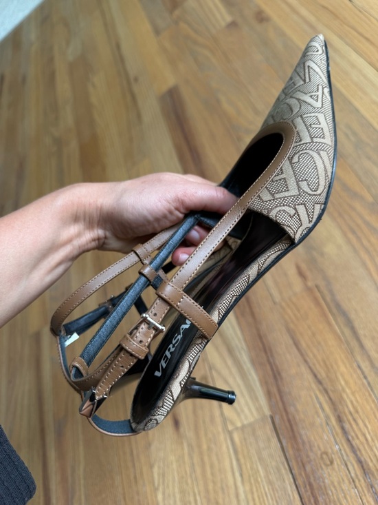 Versace Brown Logo-Jacquard Pointed Slingback Heels - Picture 4 of 7